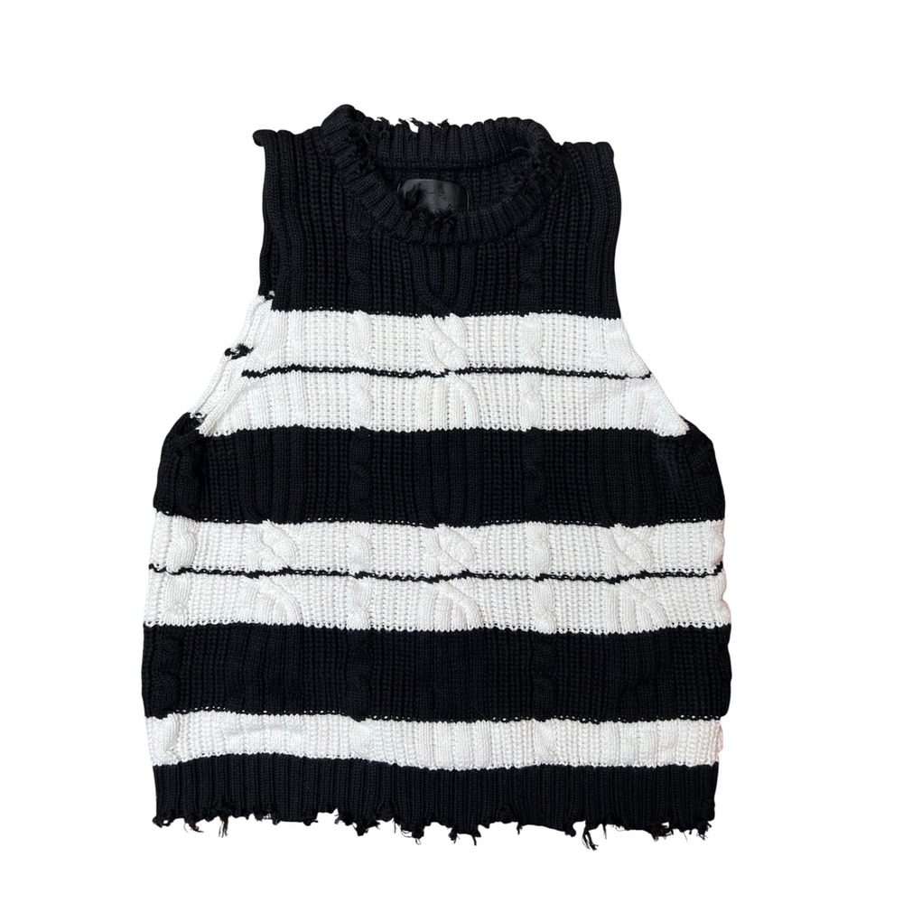 RTA Black White Striped Cable Knit Sleeveless Bora Sweater XS